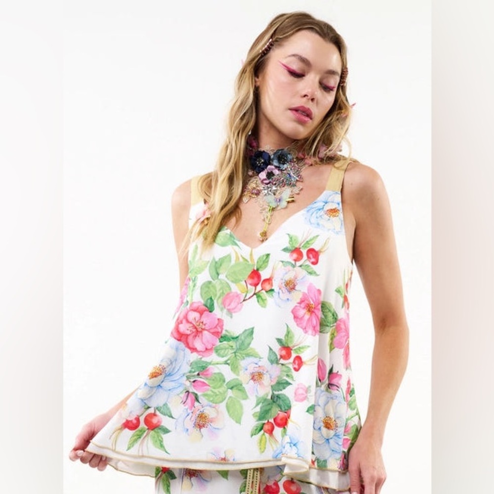 ARATTA Reversible La Ville Rose Cami White Floral Embroidered straps Tank Top